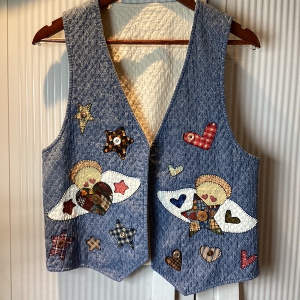 Reversible Quilted Vest Denim Angel Applique Women's Blue Boho Farmhouse‎